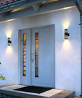 Front porch with Built To Last All Weather Modern Outdoor Wall Sconce Lights Up Down Exterior Fixture Waterproof Matte Black Aluminum