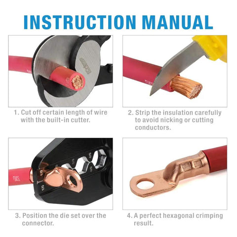 Instruction manual for Heavy Duty Battery Cable Lug Crimping Tool For 1/0 2/0 3/0 4/0 AWG Lugs with step-by-step guide.