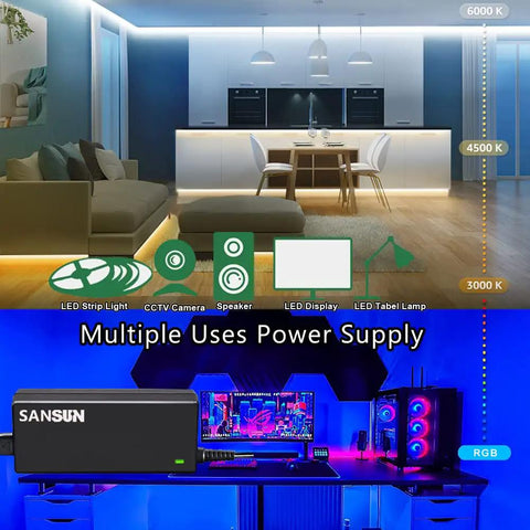 12V 5A Power Supply For LED Strip Lights CCTV Cameras Monitors External HDD shown powering LEDs and electronics