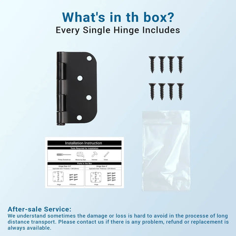 4x4 Matte Black Exterior Door Hinges for Exterior Doors Heavy Duty Metal Hardware with Rust Resistant Finish Easy No Fuss Quick Install 12 Pack Set Included showing hinge, screws, and instructions