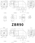 ZBR60 and ZBR90 technical drawings showing dimensions for Top Shelf Precision Planetary Gear Reducer And Stepper Motor Gearbox.