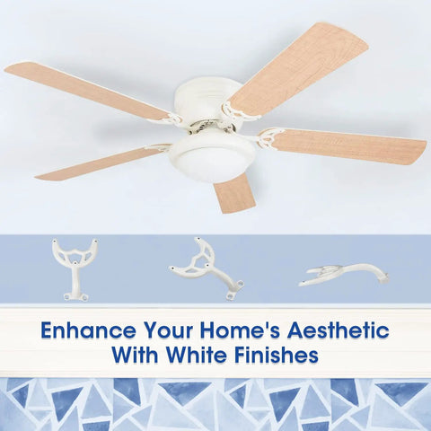 42 Inch White Finish Ceiling Fan Blade Arms Replacement Pack Of 5 For No Wobble Balance And Performance Model 7740100 displayed with fan.