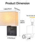 Plug In Wall Sconce Hits Different With Touch Dimmer, showing product dimensions with beige drum shade and matte black base.