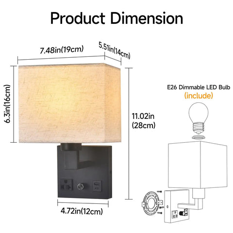 Plug In Wall Sconce Hits Different With Touch Dimmer, showing product dimensions with beige drum shade and matte black base.