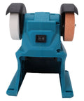 Cordless Mini Bench Grinder With No Nonsense Setup And Knockout Suction Base Running 5500 RPM Dual 70 MM Wheels front view showing dual grinding wheels and power switch.