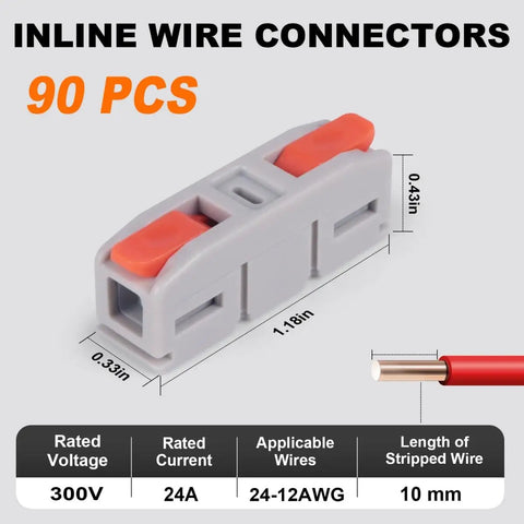 Hella Reliable 90 Piece Quick Push In Lever Wire Connectors for No Sweat 1 In 1 Out Splicing, size 1.18in by 0.43in.