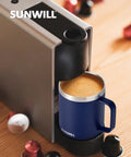 Insulated 14oz Travel Tumbler With Lid And Handle No Sweat Double Wall Stainless Steel Cup For Hot Or Iced Coffee Tea Or Water Powder Coated Navy Blue Ideal For Camping Office Or Home placed under espresso machine