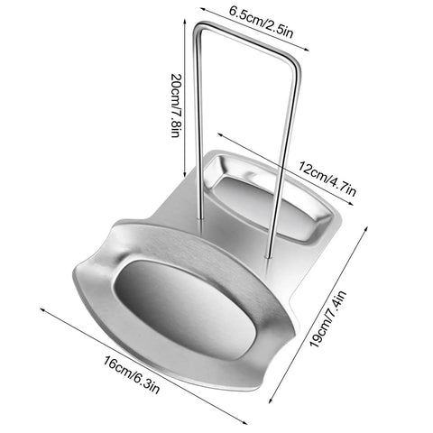 Heavy Duty Stainless Steel Pot Lid Holder And Integrated Spoon Rest Multipurpose Kitchen Utensil Caddy dimensions 20cm by 16cm.
