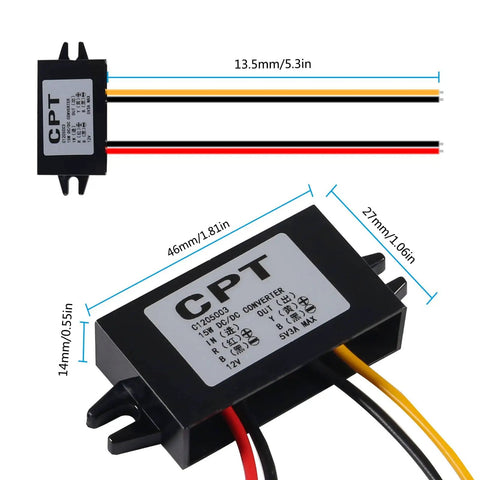 12V To 5V Buck Converter Module For Cars Beefy 3A DC-DC Regulator 15W Output High Efficiency Up To 96 Percent With Wire Interface