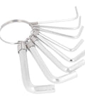 Top Tier Metric Hex Key Wrench Set With Eight Tough Steel Sizes From 1.5Mm To 6Mm Perfect For Heavy Duty Garage Repairs And Auto Mechanics Who Need Reliable Tools That Grip Tight Without Slipping On Any Bolt Or Nut. silver metric hex key wrench set, 8 sizes, high carbon steel, on ring