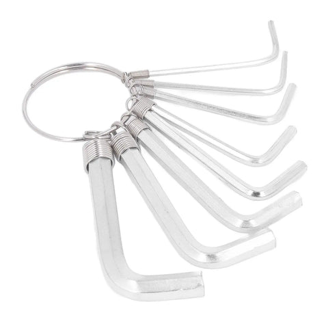 Top Tier Metric Hex Key Wrench Set With Eight Tough Steel Sizes From 1.5Mm To 6Mm Perfect For Heavy Duty Garage Repairs And Auto Mechanics Who Need Reliable Tools That Grip Tight Without Slipping On Any Bolt Or Nut. silver metric hex key wrench set, 8 sizes, high carbon steel, on ring