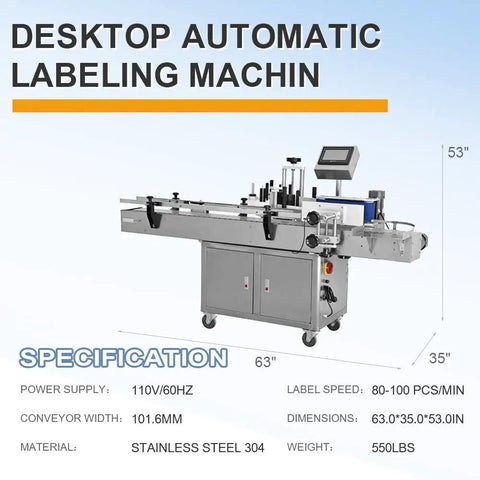 Smooth Operator Automatic Round Bottle Labeler With Date Coder And Smart Panel For Cans And Wine Packaging 110V System, stainless steel, dimensions 63"x35"x53".