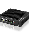Fanless Firewall Mini Pc Powered By Intel J3710 Chipset And Four Native Two Point Five Gbps Ports With Aes Ni Support For Smashing Through Heavy Traffic And Running A Sleek Barebone Network Gateway Today, showing four LAN ports and passive cooling design.