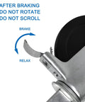 Close-up of Five Inch Scaffolding Wheels Set Of Four with Dual Locking Brakes showing brake mechanism and instructions.