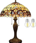 Tiffany Style Stained Glass Table Lamp With 16 Inch Shade and 24 Inch Height, Antique Green Bronze Metal Base, 2 LED Bulbs