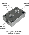 Aluminum Push To Connect Air Manifold Splitter Block With Four Three Eighths Inch Female NPT Ports For Air Line Distribution And Easy Setup Includes Four Mounting Holes, showing top angle and port details.