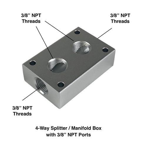 Aluminum Push To Connect Air Manifold Splitter Block With Four Three Eighths Inch Female NPT Ports For Air Line Distribution And Easy Setup Includes Four Mounting Holes, showing top angle and port details.