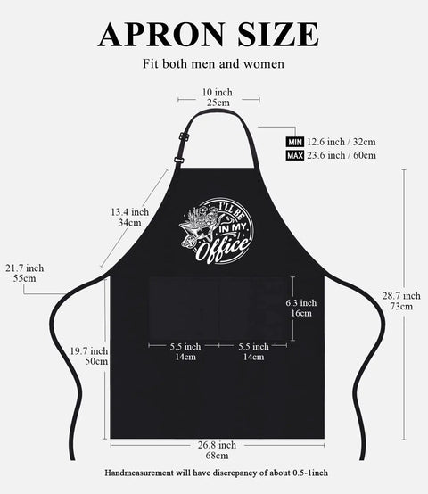 I'll Be In My Office Garden Lover Apron For Women And Men, adjustable black apron with size dimensions and pocket details
