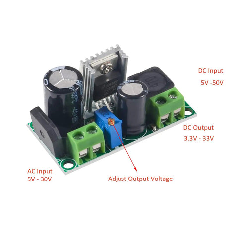 Beefy DIY AC DC Buck Converter Module With LM2596HV Input 5V To 30V AC Or 5V To 50V DC Output 3.3V To 33V, compact circuit board.