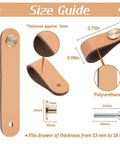 Size guide for 4 Pack Faux Leather Drawer Pulls Light Coffee Single Hole Cabinet Handles, showing dimensions and included screws.