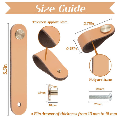 Size guide for 4 Pack Faux Leather Drawer Pulls Light Coffee Single Hole Cabinet Handles, showing dimensions and included screws.