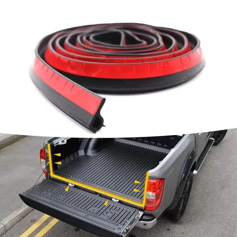 Heavy Duty Thickened Tailgate Weather Strip For Tesla Cybertruck With Beefed Up Adhesive Backing And Flexible Epdm Rubber rolled out on a truck bed.