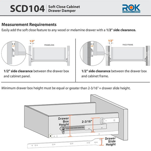 Diagram for 2 Pack Soft Close Drawer Dampers For Wood Drawers, Fits Face Frame And Frameless Cabinets, SCD104W