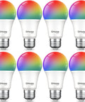 Eight Smart RGB LED A19 Bulbs With 800 Lumens Dimmable Color Changing Light That Goes From Warm White To Lit Colors Works With Alexa And Google Home 2 4GHz WiFi App And Voice Control Remote Control 4 Pack