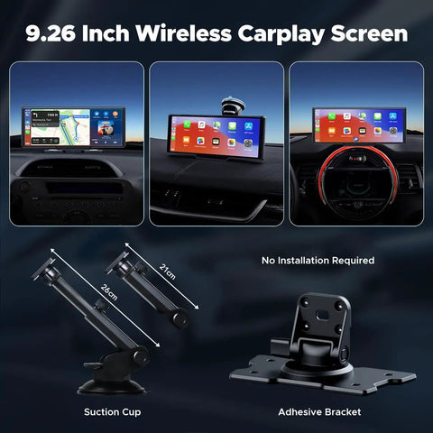 9.26 inch wireless CarPlay screen with suction cup and adhesive bracket mount for Wireless CarPlay And Android Auto Portable Car Stereo.