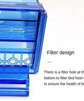 Dope Game Changer No Mess Bird Feeder For Cage With Auto Seed Guard and Hull Catch Trough For Parrots and Parakeets Super Clear Plastic Food Bowls Two Pack, showing filter design detail.
