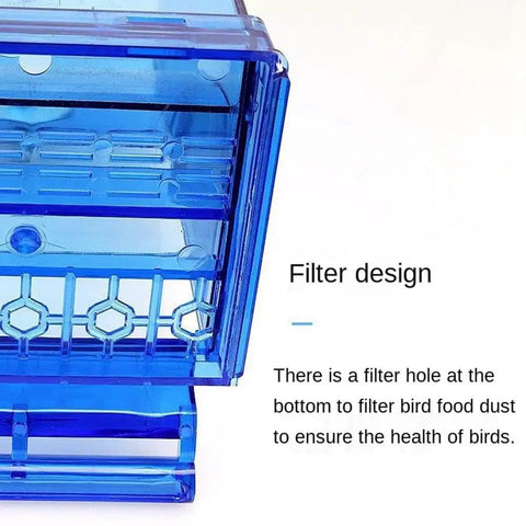 Dope Game Changer No Mess Bird Feeder For Cage With Auto Seed Guard and Hull Catch Trough For Parrots and Parakeets Super Clear Plastic Food Bowls Two Pack, showing filter design detail.