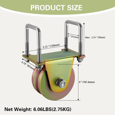 Smooth Operator 4 Inch Crowned V Groove Sliding Gate Rollers Double Bearing Wheels showing dimensions and U bracket measurements.