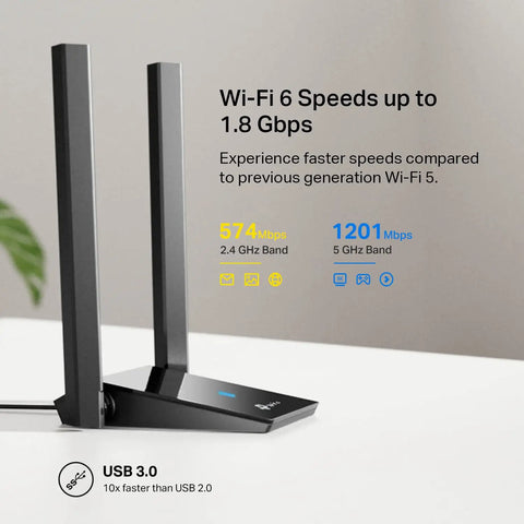 WiFi 6 USB Adapter For Desktop PC Archer TX20U Plus AX1800 Dual Band With 5dBi Antenna WPA3 Security USB 3.0 side view
