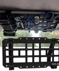 Rugged Tactical Sun Visor Rack With Reinforced Panels And Secure Lash Bands For Tesla Cybertruck, holding tools and flashlights.