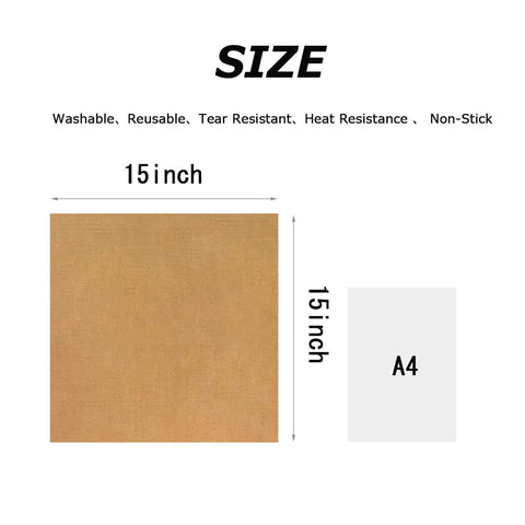 Three Pack Nonstick Teflon Sheets for Heat Press 15x15 compared to A4 sheet highlighting size and features