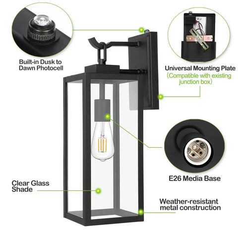18 Inch Outdoor Wall Light With Dusk To Dawn Sensor showing mounting plate, media base, and glass shade