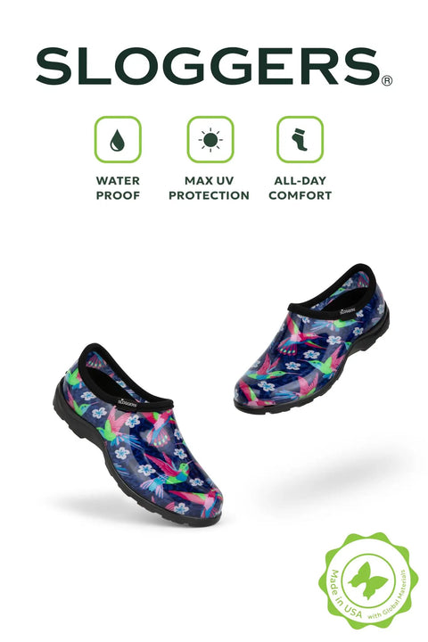 Women's Waterproof Rain Kicks Slip-On Garden Clog With Heavy-Duty Arch Support And All-Day Cushy Comfort For Busting Through Puddles And Tackling Yard Chores In Light Blue Bee Print, colorful floral design with waterproof material.