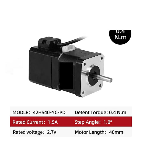 Front view of a black NEMA17 42HS40-YC-PD brake stepper motor with silver flange and protruding shaft.