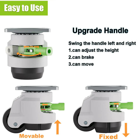Rock Solid Built Tough Leveling Caster Wheels Set Of 4 Featuring 2200 Lbs Load Capacity Premium Nylon Rollers And Reinforced Steel Base height adjustment handle image.