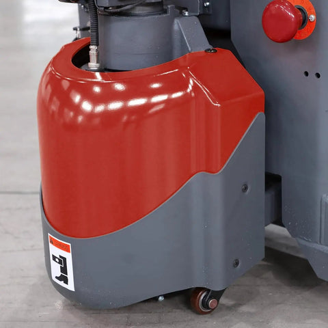 Tory 4400 Lb Electric Pallet Jack Truck With 48 By 27 Forks, close-up of red and gray base with safety features.