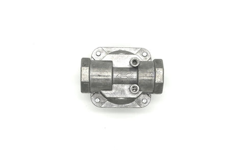 Front view of universal propane pressure regulator with mounting plate and inline 1/2-14 NPT inlet/outlet ports, metal body