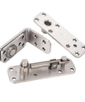 Heavy Duty Concealed Pivot Hinge For Secret Doors And Bookcases Offering A Flawless 180 Degree Swivel With Quick On The Fly Adjustments Crafted From Thick Stainless Steel That Supports Up To 600 Lbs. shown from an angled view highlighting mounting plates.