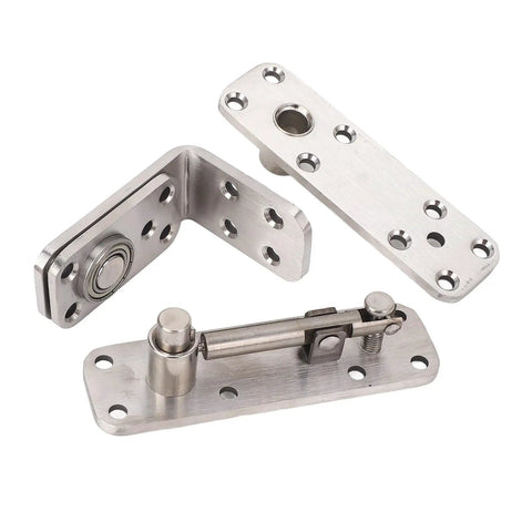 Heavy Duty Concealed Pivot Hinge For Secret Doors And Bookcases Offering A Flawless 180 Degree Swivel With Quick On The Fly Adjustments Crafted From Thick Stainless Steel That Supports Up To 600 Lbs. shown from an angled view highlighting mounting plates.