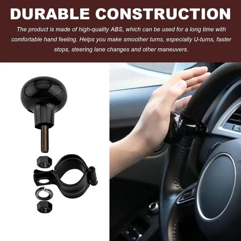 Steering Wheel Spinner Knob Ball Power Handle for Cars and Trucks Easy Grip Non Slip Heavy Duty Abs Accessory for Semi Trucks Trailers Tractors and Boats Black Matte, shown close-up while installed on a steering wheel, black finish.