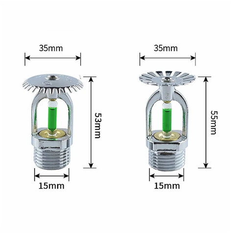 Heavy Duty Automatic Fire Sprinkler Head With A Precise Ninety Three Degree Thermal Fuse For Compact Kitchens And Offices Delivers Relentless Kickass Water Coverage In Upright Or Pendent Arrangements Quick Setup And No Sweat, showing two sprinkler heads with measurements.