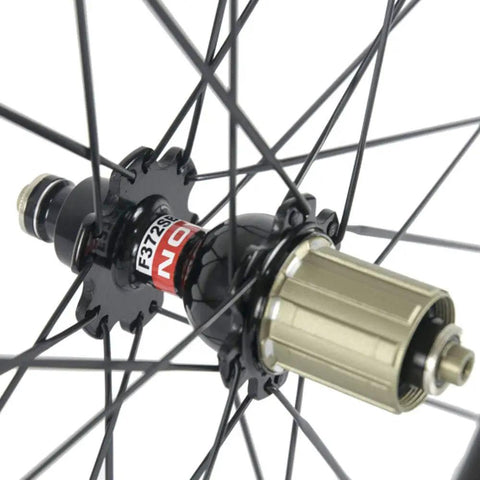 Close-up of hub detailing on Carbon Road Wheelset 700c 38 50 60 88mm Deep Rim Tubeless Ready 25mm Width With Basalt Braking Surface Shimano