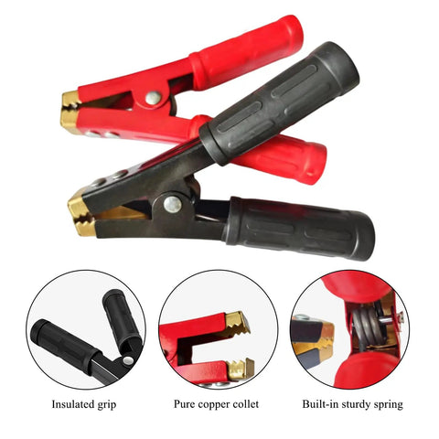 Heavy Duty Insulated Alligator Clips For Battery Jumper Cables High Amp Crocodile Clamps with copper jaws and insulated grips.