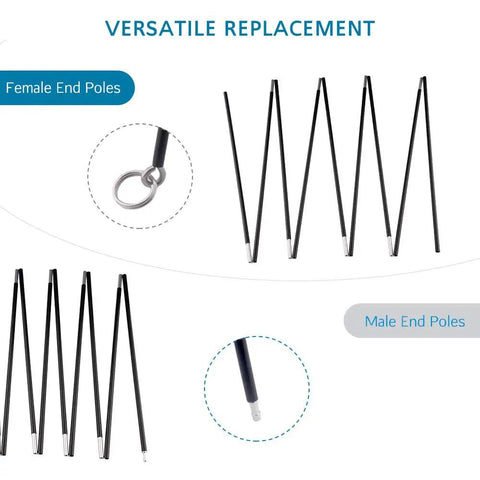 Replacement Tent Poles Three Eighths Inch Nine Point Five Millimeter Fits Male And Female Ends Lightweight Aluminum Alloy Tent Pole Repair Kit 7001 Aluminum Twenty Feet One Pole Pack For Camping Gear And Tents displayed with detail on male and female ends.