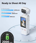 White Pocket 2.5K Video Recorder with 180 Degree Rotating Lens, displaying battery life and video recording capabilities, ready to shoot.