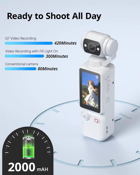 White Pocket 2.5K Video Recorder with 180 Degree Rotating Lens, displaying battery life and video recording capabilities, ready to shoot.